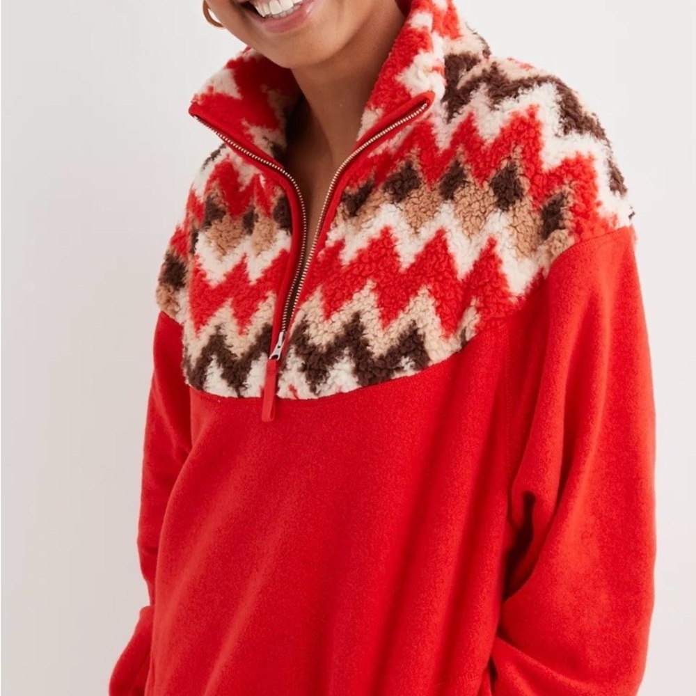 Aerie Hometown Holiday Quarter Zip Sherpa Sweatshirt | Red Chevron | Size L